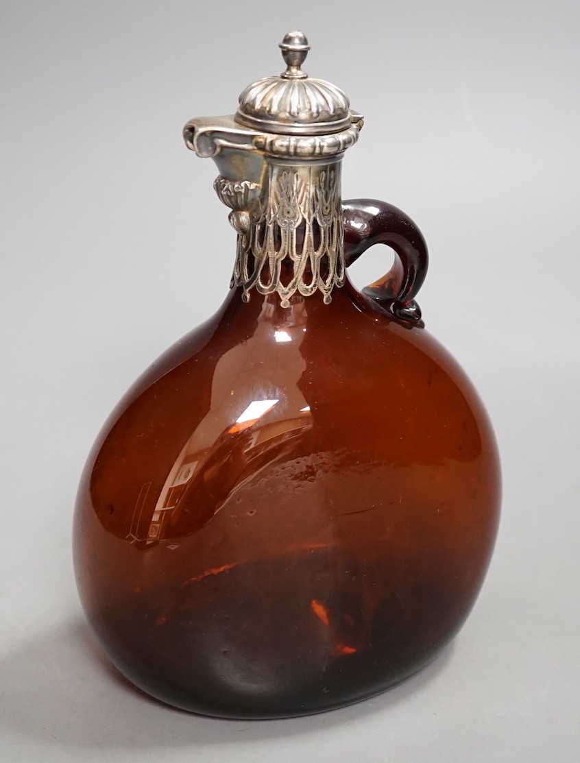 A Victorian silver mounted amber glass hock jug, by George Fox, London 1869, 20cm tall
